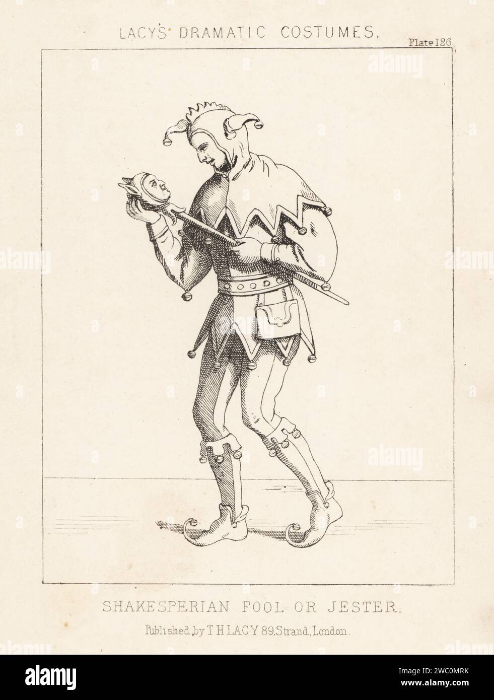 Shakespearischer Narr oder Narr mit Marotte, 16. Jahrhundert. Mann in gedolchtem Chaperon oder Kapuze, gedolchtem Wappen, Schlauch und Schuhe, alles in bunten oder parti-farbenen Farben mit Glocken. Lithografie aus Thomas Hailes Lacy's männliche Kostüme, Historical, National and Dramatic in 200 Plates, London, 1865. Lacy (1809–1873) war ein britischer Schauspieler, Dramatiker, Theatermanager und Verleger. Stockfoto