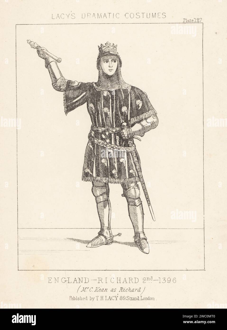 Der englische Schauspieler Charles Kean als Richard II. In William Shakespeares Geschichtsstück Princess Theatre, London, 1857. Mit Krone über Helm und Gorget, bestickter Tunika, Rüstung, Zepter und Schwert. Richard 2., 1396. Lithografie aus Thomas Hailes Lacy's männliche Kostüme, Historical, National and Dramatic in 200 Plates, London, 1865. Lacy (1809–1873) war ein britischer Schauspieler, Dramatiker, Theatermanager und Verleger. Stockfoto