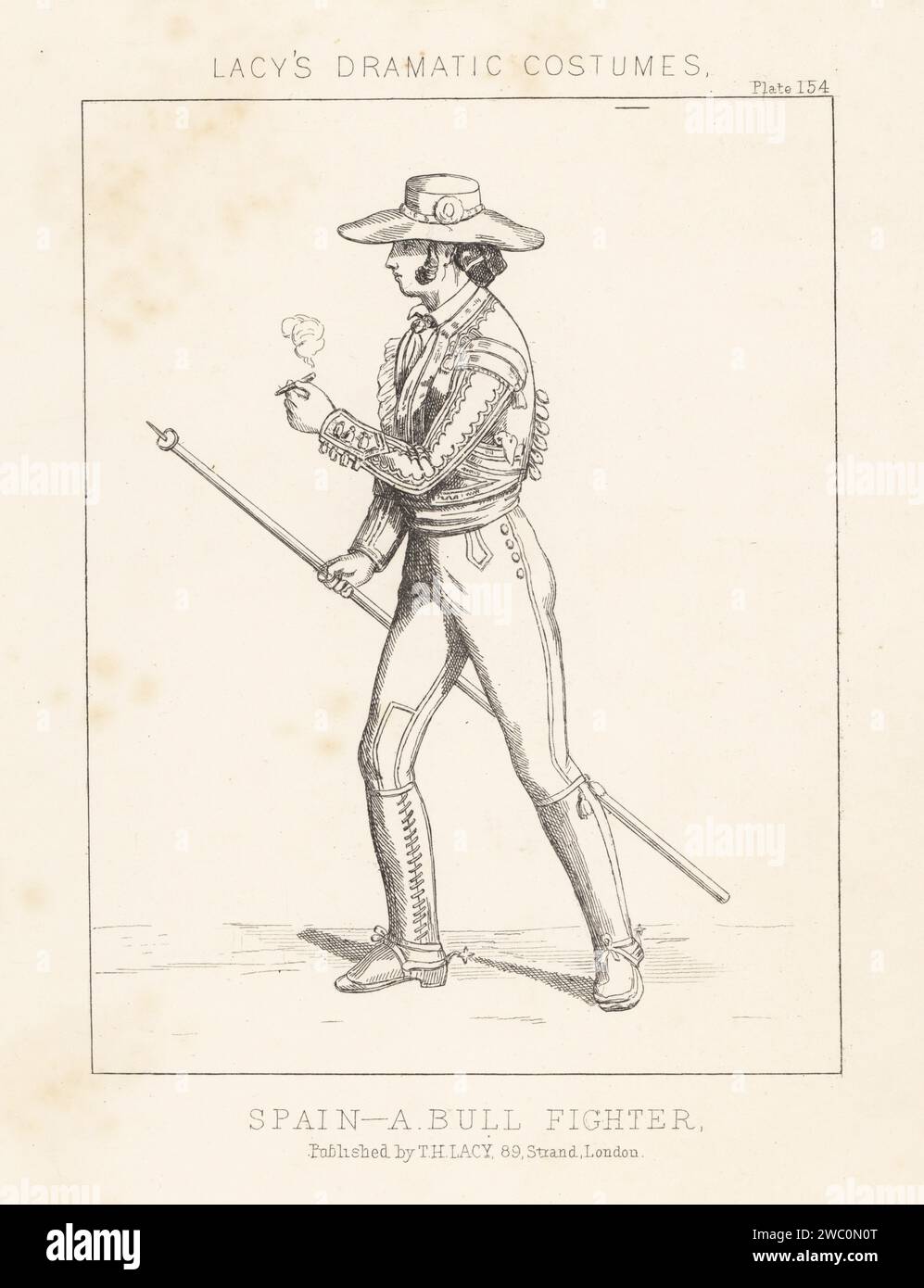 Pikador, Spanien, 19. Jahrhundert. Stierkämpfer mit breiter Krempe, Bolero-Jacke, Reithose, Gamaschen und Sporen, mit Lanze, eine Zigarre rauchen. Kostüm eines Stierkämpfers, Spanien. Lithografie aus Thomas Hailes Lacy's männliche Kostüme, Historical, National and Dramatic in 200 Plates, London, 1865. Lacy (1809–1873) war ein britischer Schauspieler, Dramatiker, Theatermanager und Verleger. Stockfoto