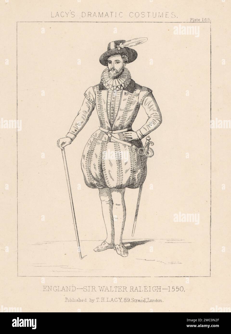 Kostüm von Sir Walter Raleigh, englischer Staatsmann, Soldat, Schriftsteller und Entdecker, 1550. In gefederter Mütze, Rüschenkragen, gestepptem Wimperntuch und Reithose, mit Hofschwert und Stock. Lithografie aus Thomas Hailes Lacy's männliche Kostüme, Historical, National and Dramatic in 200 Plates, London, 1865. Lacy (1809–1873) war ein britischer Schauspieler, Dramatiker, Theatermanager und Verleger. Stockfoto