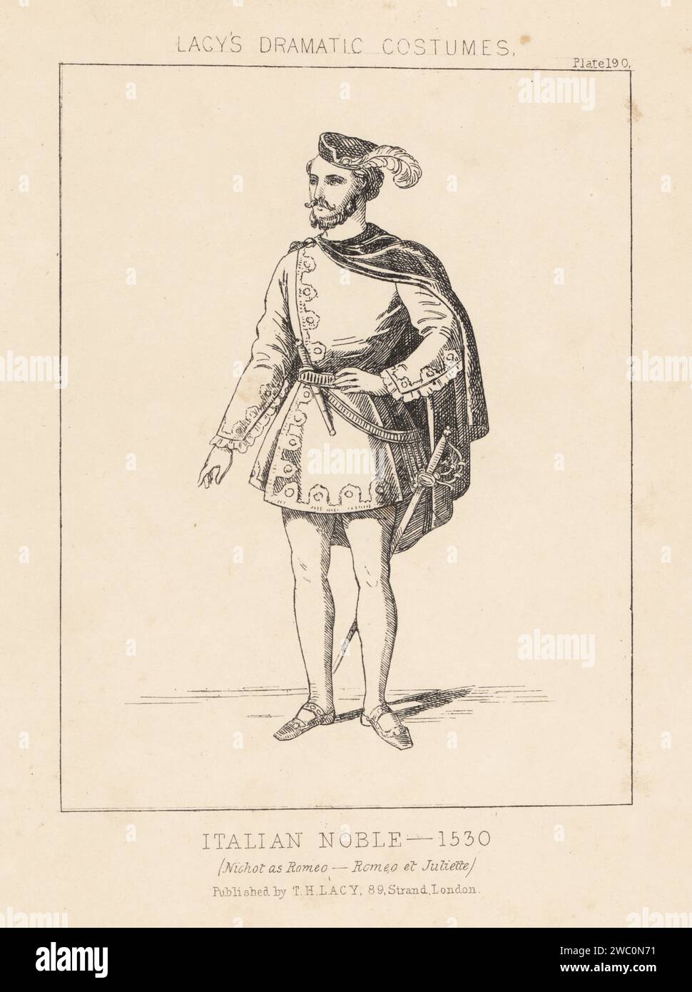 Der französische Tenor Pierre-Jules Michot als Romeo in der Oper Romeo et Juliette von Charles Gounod am Theater Lyrique, Paris, 1867. Kostüm eines italienischen Adligen, 1530. Lithografie aus Thomas Hailes Lacy's männliche Kostüme, Historical, National and Dramatic in 200 Plates, London, 1865. Lacy (1809–1873) war ein britischer Schauspieler, Dramatiker, Theatermanager und Verleger. Stockfoto