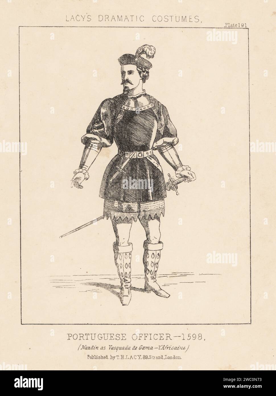 Der italienische Tenor-Opernsänger Emilio Naudin als Vasco de Gama in Giacomo Meyerbeers L’Africaine an der Opera de Paris 1865. Vasquada de Gama in L'Africaine. Kostüm eines portugiesischen Offiziers, 1598. Lithografie aus Thomas Hailes Lacy's männliche Kostüme, Historical, National and Dramatic in 200 Plates, London, 1865. Lacy (1809–1873) war ein britischer Schauspieler, Dramatiker, Theatermanager und Verleger. Stockfoto