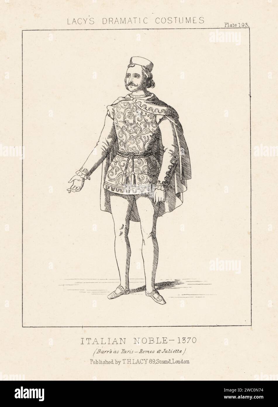 Französischer Bariton Auguste Armand Barre als Mercutio in der Oper Romeo et Juliette von Charles Gounod am Theater Lyrique, Paris, 1867. Barre als Paris (sic). Kostüm eines italienischen Adligen, 1370. Lithografie aus Thomas Hailes Lacy's männliche Kostüme, Historical, National and Dramatic in 200 Plates, London, 1865. Lacy (1809–1873) war ein britischer Schauspieler, Dramatiker, Theatermanager und Verleger. Stockfoto