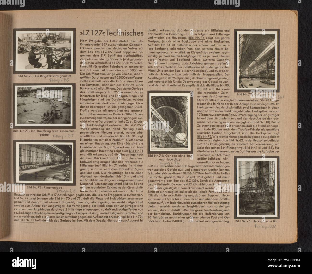 Bau eines Zeppelins, Anonym, um 1905 - um 1925 fotografieren sechs Fotos vom Bau verschiedener Teile eines Zeppelins. Alle Fotos sind mit einer Nummer und einem Titel versehen. Diese Seite ist Teil eines Albums. Papier. Fotografische Unterstützung Gelatine Silberdruck 46C35 Luftschiff, zeppelin. Industriestrukturen Deutschland Stockfoto