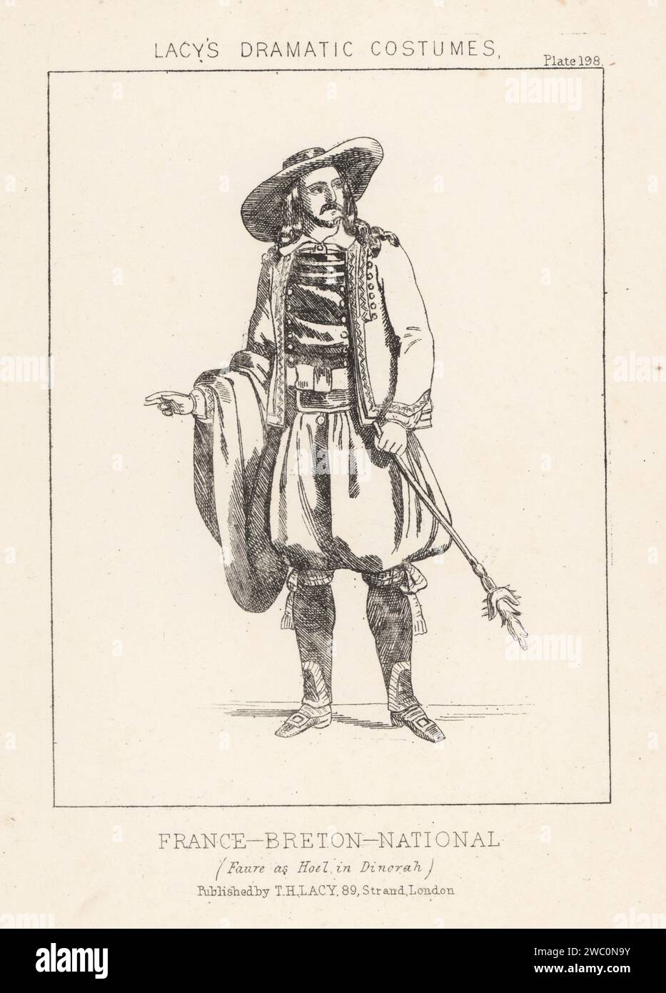 Bariton Jean-Baptiste Faure als Hoel in der Comic-Oper Dinorah (Le pardon de Ploermel) von Giacomo Meyerbeer, 1860. Kostüm eines Bretonen, Frankreich. Lithografie aus Thomas Hailes Lacy's männliche Kostüme, Historical, National and Dramatic in 200 Plates, London, 1865. Lacy (1809–1873) war ein britischer Schauspieler, Dramatiker, Theatermanager und Verleger. Stockfoto