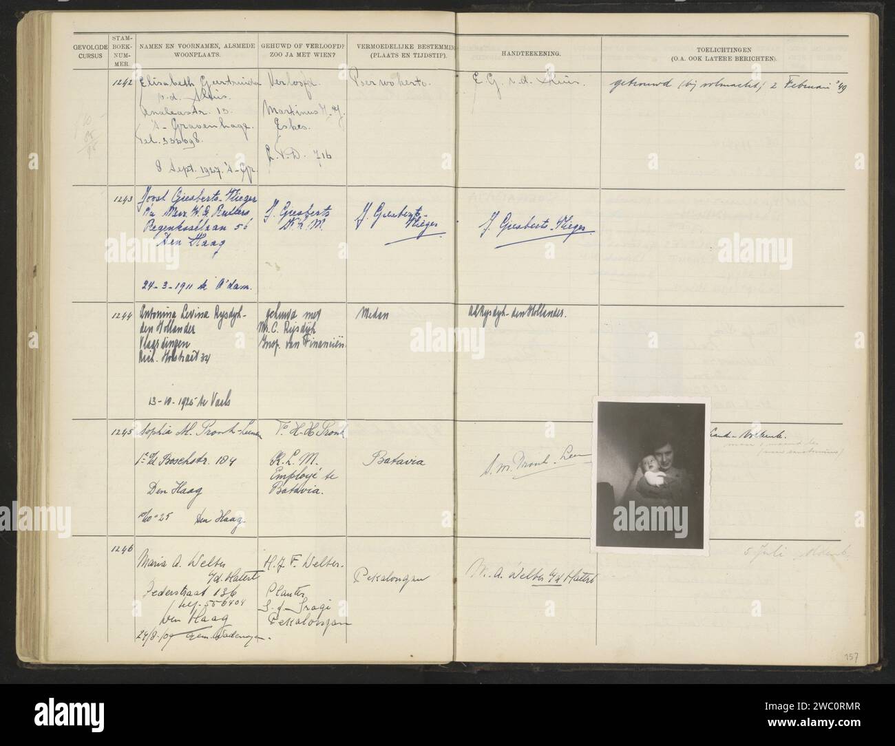 Seite 157 aus dem Zuchtbuch der Schüler der Kolonialschule für Mädchen und Frauen in den Haag Teil II (1930-1949), ca. 1949 Fotografie zwei Seiten mit Daten von Kursteilnehmern, Zuchtbuchnummern 1242 bis 1246. Da die Datumsbezeichnung in der ersten Spalte fehlt, ist nicht klar, welcher Kurs es ist. Angesichts der kontinuierlichen Zuchtbuchzahlen sind es wahrscheinlich Schüler des letzten Schuljahres 1949. Am 29. Dezember 1949, nach der Übertragung der Souveränität an Indonesien, schloss die Kolonialschule ihre Tore für immer. Teil des Zuchtbuchs der Schüler der Kolonialschule für Gr Stockfoto