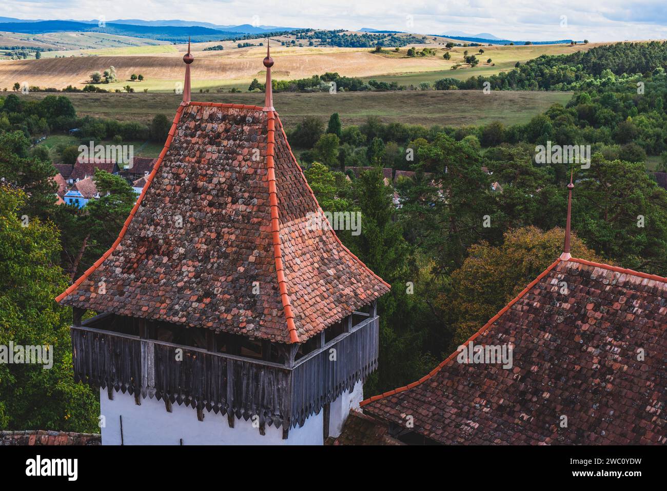 Das gekachelte Dach der Kirche von Viscri, umgeben von üppigem Grün. Rumänien Stockfoto