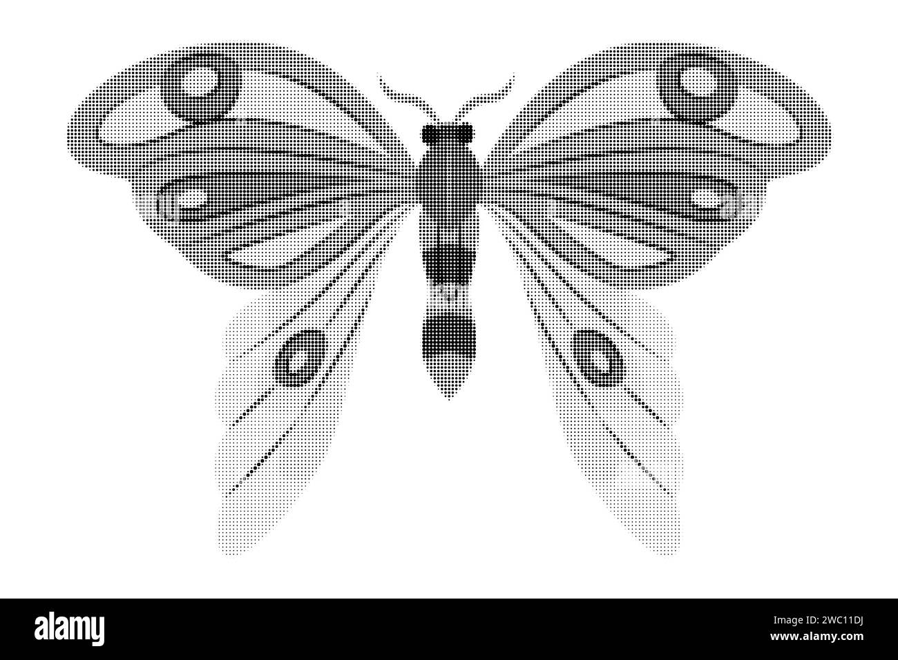 Retro-Halbton Schmetterling Hintergrund. Schmetterling aus Rasterpunkten Collage-Element. Schwarz-weiß. Vintage-Rastervektor-Illustration Stock Vektor