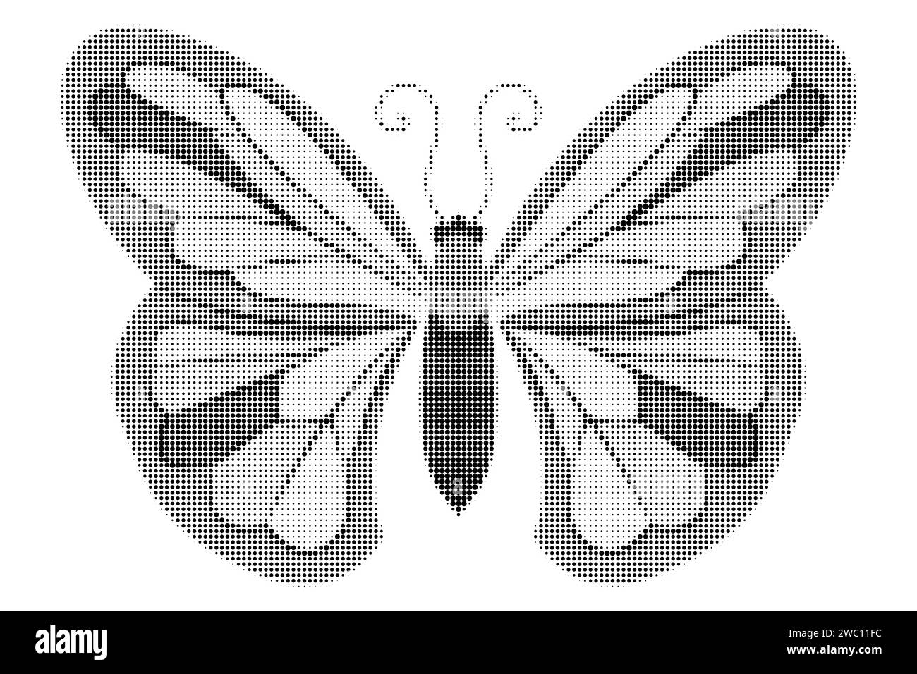 Retro-Halbton Schmetterling Hintergrund. Schmetterling aus Rasterpunkten Collage-Element. Schwarz-weiß. Vintage-Rastervektor-Illustration Stock Vektor