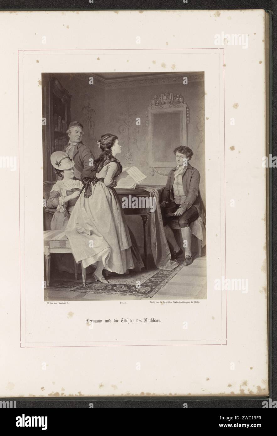 Fotoproduktion eines Gemäldes von A. G. von Ramberg, Hermann mit der Tochter der Buren, Franz Hanfstaengl, nach Arthur Georg von Ramberg, 1871 - 1872 Fotografie Teil des Albums mit Fotoproduktionen von Gemälden von A. G. von Ramberg zu dem Werk Hermann und Dorothea von Goethe. Berliner fotografischer Trägeralbumendruck Jugend, Jugendliche. Erwachsene Frau. Musik machen; Musiker mit Instrument Stockfoto