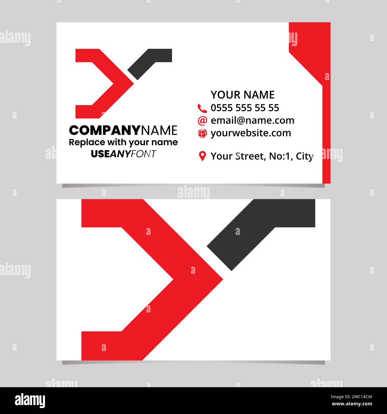Rote und schwarze Visitenkartenvorlage mit Y-Logo-Symbol in Schienenverstellung auf hellgrauem Hintergrund Stock Vektor