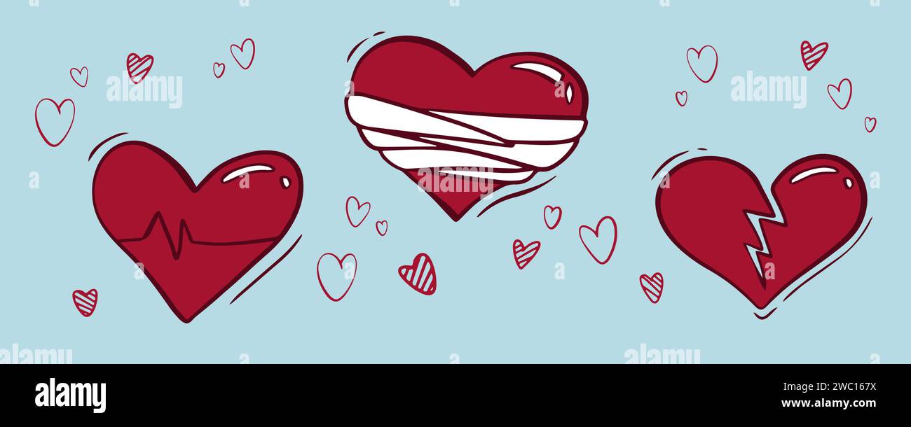 Set mit groovigen Herzen im Hippie-Stil zum Valentinstag. Comic-Herzfigur im trendigen Cartoon-Stil der 80er-Jahre im Retro-Stil der 70er-Jahre. Retro-Elemente für Druck, Stock Vektor