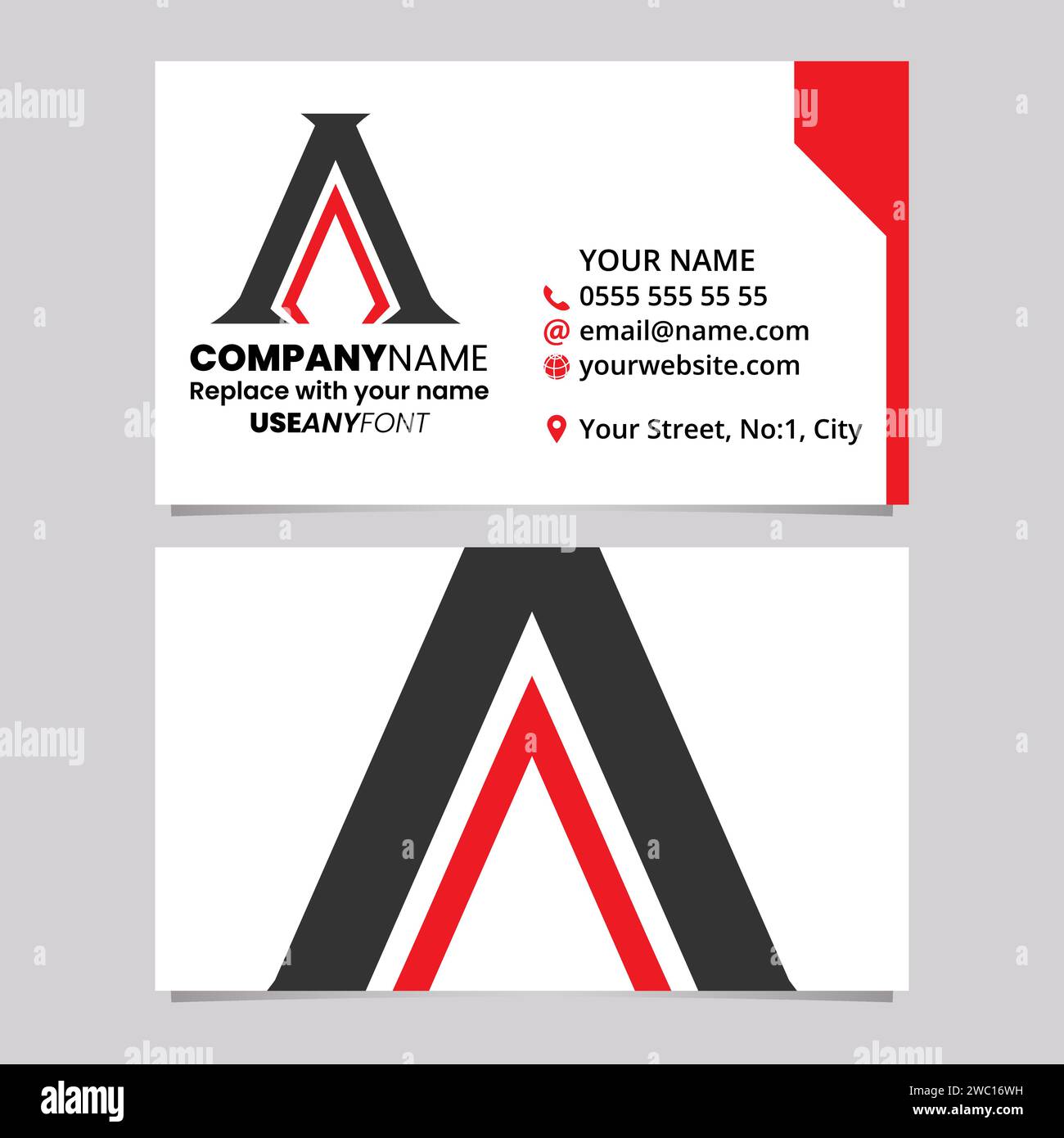 Rote und schwarze Visitenkartenvorlage mit spitzen Buchstaben, Einem Logo-Symbol auf hellgrauem Hintergrund Stock Vektor