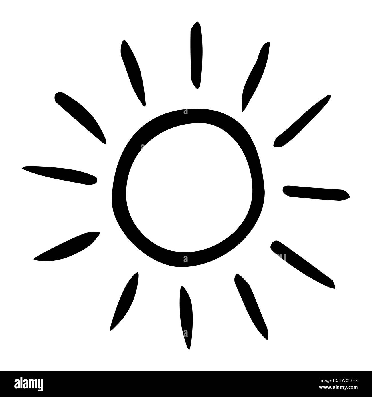 Hand gezeichnet Sonne gemalt mit Tintenpinsel, isoliert auf weißem