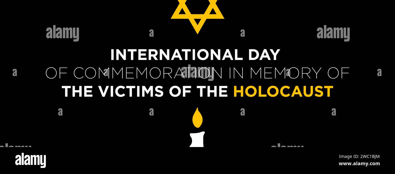Holocaust-Gedenktag am 27. Januar. David-Stern und brennende Kerze mit Stacheldraht, Text. Hintergrundbild für horizontales Poster oder Banner Stockfoto Holocaust-Gedenktag am 27. Januar. David-Stern und brennende Kerze mit Stacheldraht, Text. Hintergrundbild für horizontales Poster oder Banner Stockfoto