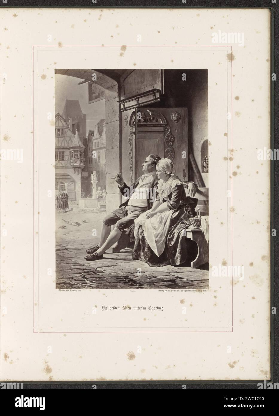 Fotoproduktion eines Gemäldes von A.G. von Ramberg, in dem die Eltern Hermanns am Tor sitzen, Franz Hanfstaengl, nach Arthur Georg von Ramberg, 1871 - 1872 Fotografie Teil des Albums mit Fotoproduktionen von Gemälden von A. G. von Ramberg zu dem Werk 'Hermann und Dorothea' von J. W. von Goethe. Berliner Fotoalbumendruck Ehe, verheiratetes Paar, 'Matrimonium'. Tor, Eingang Stockfoto