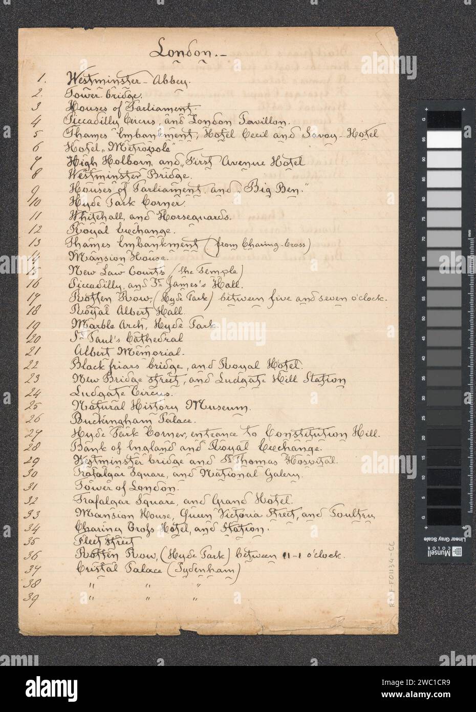 Liste der Themen, die auf dem Album in London, Brighton und Windsor (1 bis 39) gezeigt wurden, ca. 1880 - ca. 1910 Teil des Reisealbums mit Sehenswürdigkeiten in England, der Schweiz, Frankreich und Deutschland. Schreiben auf Papier (Prozesse) Stockfoto