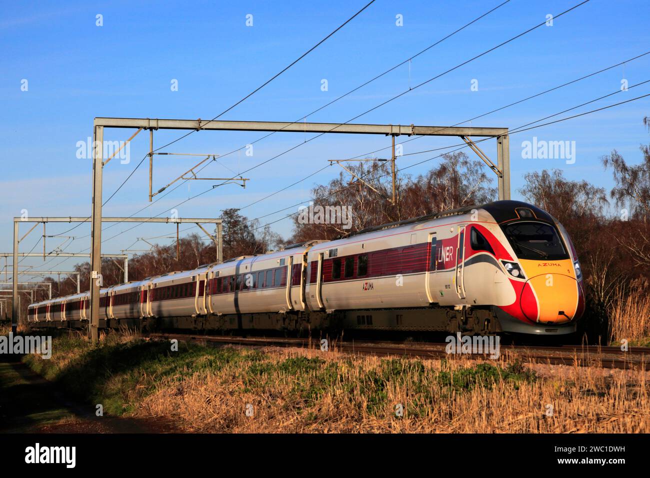 LNER, Azuma 801 Klasse Zug, vorbei an Offord Cluny Village, East Coast Main Line Railway, Cambridgeshire, England, Großbritannien Stockfoto