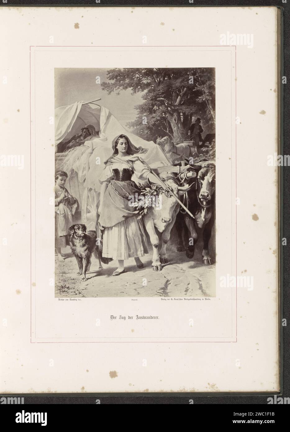 Fotoproduktion eines Gemäldes von A.G. von Ramberg, Vertreterin Dorothea und ein Flüchtlingszug, Franz Hanfstaengl, nach Arthur Georg von Ramberg, 1871 - 1872 Fotografie Teil des Albums mit Fotoproduktionen von Gemälden von A. G. von Ramberg zu dem Werk 'Hermann und Dorothea' von J. W. von Goethe. Berliner Fotoalbumenprint politischer Flüchtling, 'émigré'. Erwachsene Frau Stockfoto