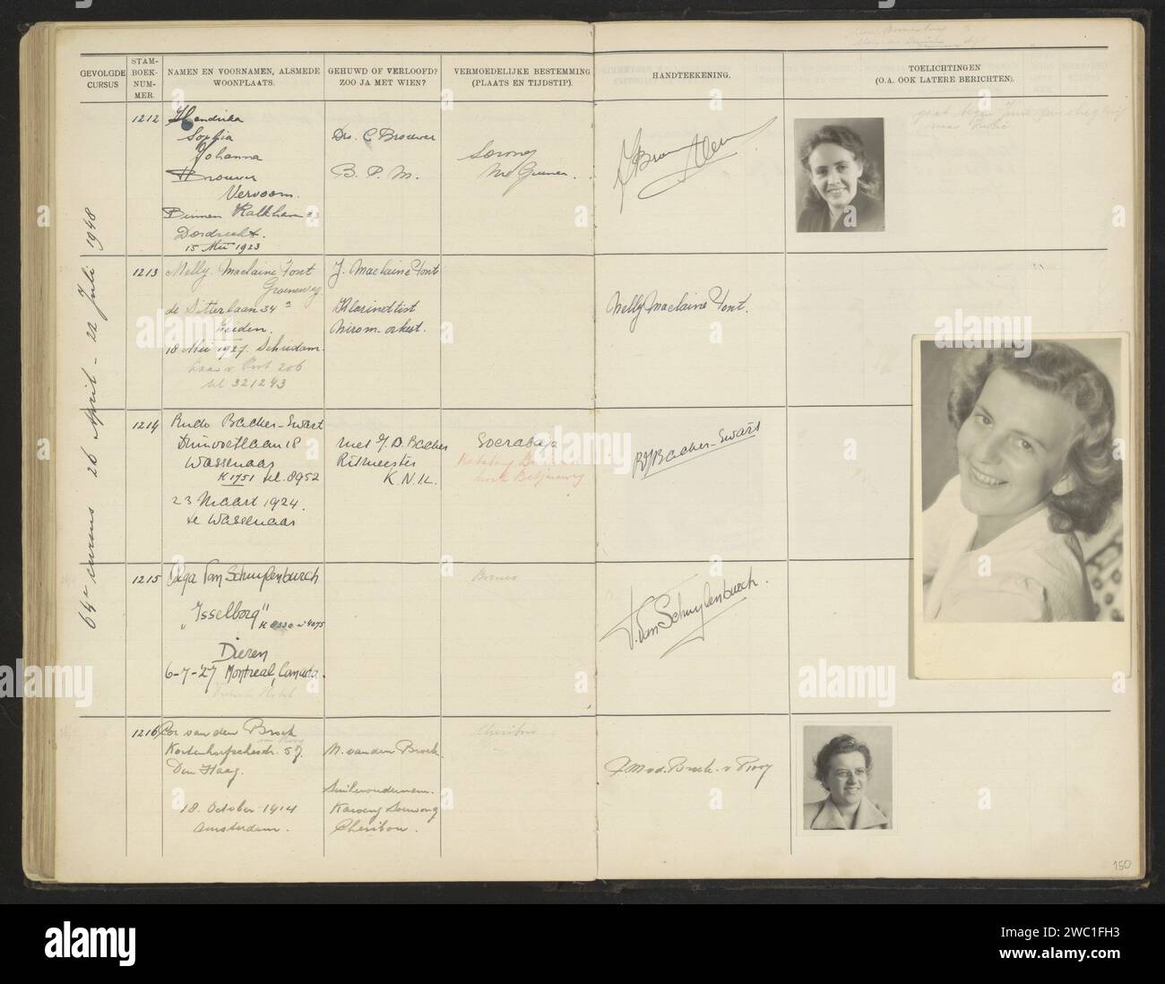 Seite 150 aus dem Zuchtbuch der Schüler der Kolonialschule für Mädchen und Frauen in den Haag Teil II (1930-1949), 1948 Foto zwei Seiten mit Daten der Teilnehmer des 64. Quartalskurses vom 26. April bis 22. Juli 1948, Zuchtbuchnummern 1212 bis 1216. Teil des Zuchtbuchs der Schüler der Kolonialschule für Mädchen und Frauen in den Haag Teil II (1930-1949). Das Haager Papier. Fotografische Unterstützung Druck/Schreiben (Prozesse) Weiterbildung. Weiterbildung (+ Schüler) in den Haag Stockfoto