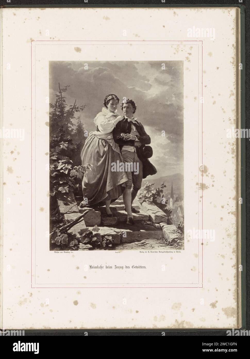 Fotoproduktion eines Gemäldes von A.G. von Ramberg, Präsentation von Dorothea und Hermann durch herannahenden Donner, Franz Hanfstaengl, nach Arthur Georg von Ramberg, 1871 - 1872 Fotografie Teil des Albums mit Fotoproduktionen von Gemälden von A.G. von Ramberg zu dem Werk Hermann und Dorothea von Goethe. Berliner Fotoalbumendruck Jugendlicher, junge Frau, Jungfrau. Jugend, Jugendliche. Ein paar Liebhaber. Sturm an Land Stockfoto