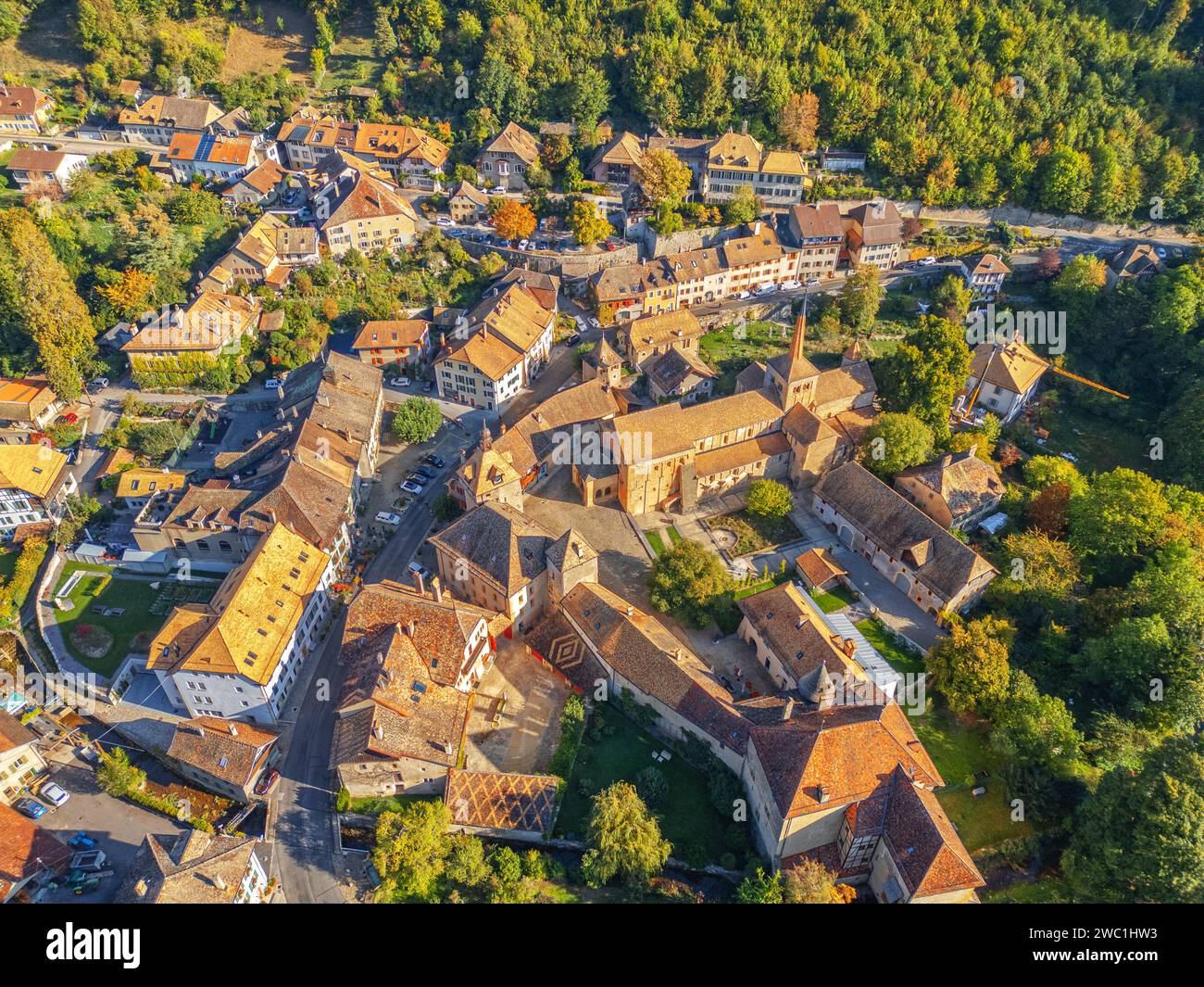 Romainmotier, Schweizer Dorf von oben. Stockfoto