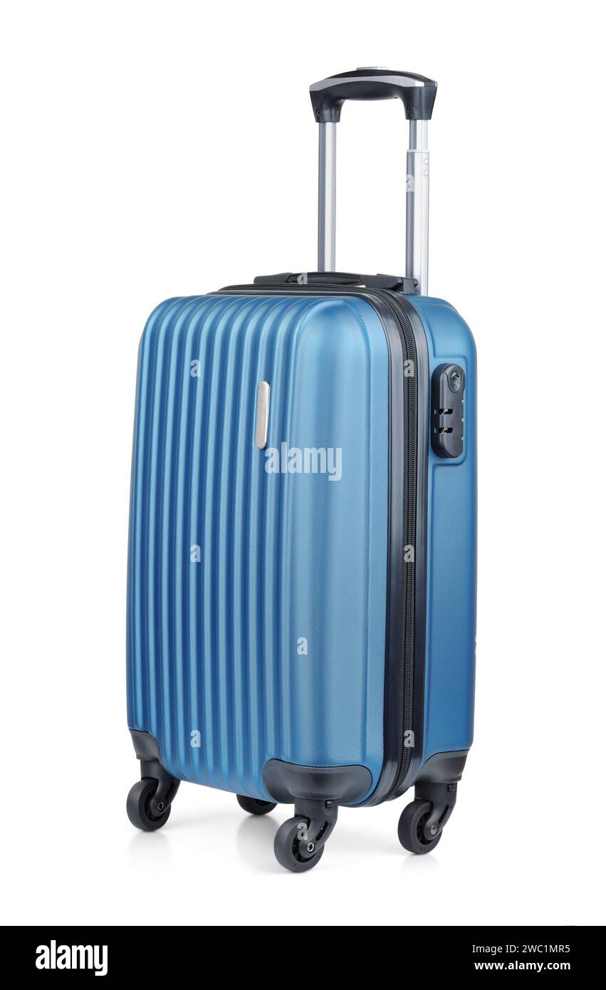 Blauer Koffer aus Kunststoff isoliert auf weiß Stockfoto
