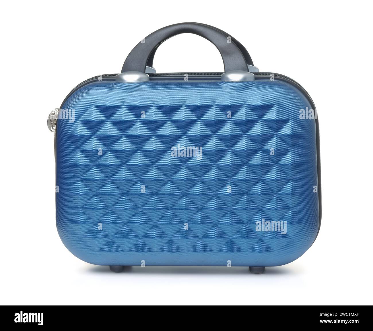Seitenansicht des blauen kleinen Hardside-Gepäckkoffers für Handgepäck isoliert auf weiß Stockfoto