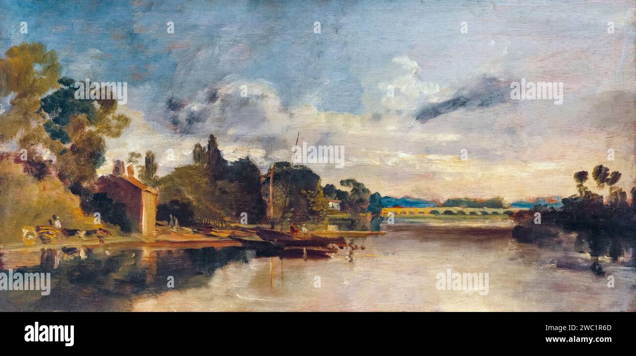 JMW Turner, die Themse bei Walton Bridges, Landschaftsmalerei in Öl auf Holz, 1805 Stockfoto