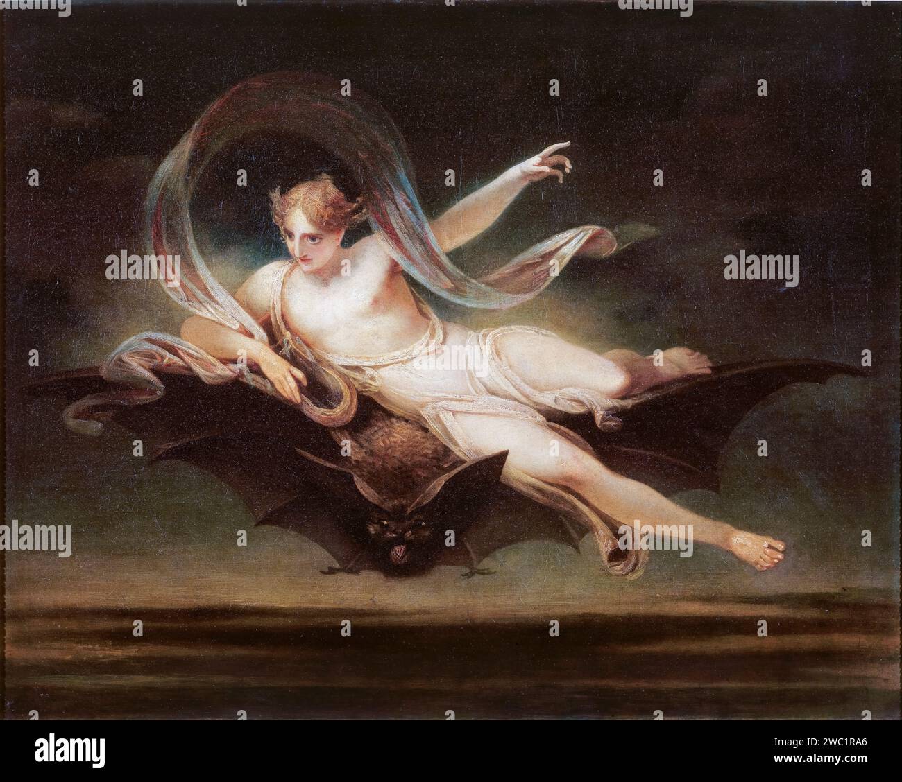 Henry Singleton, Ariel auf dem Rücken einer Fledermaus, Gemälde in Öl auf Leinwand, 1819 Stockfoto
