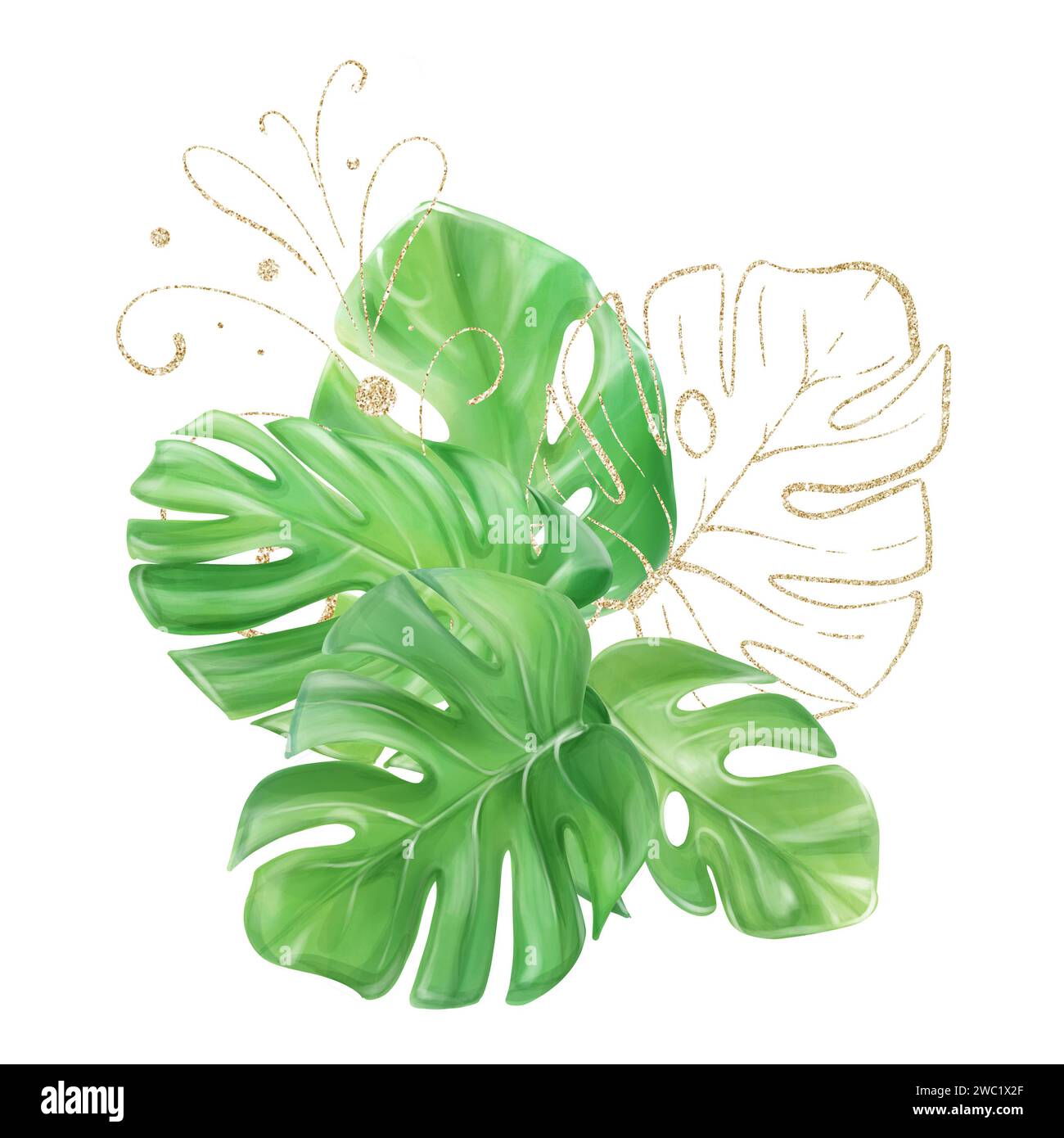 Aquarellstrauß aus tropischen Monsterablättern mit goldenen Blättern und einem Muster, um ein Design zu kreieren. Stockfoto