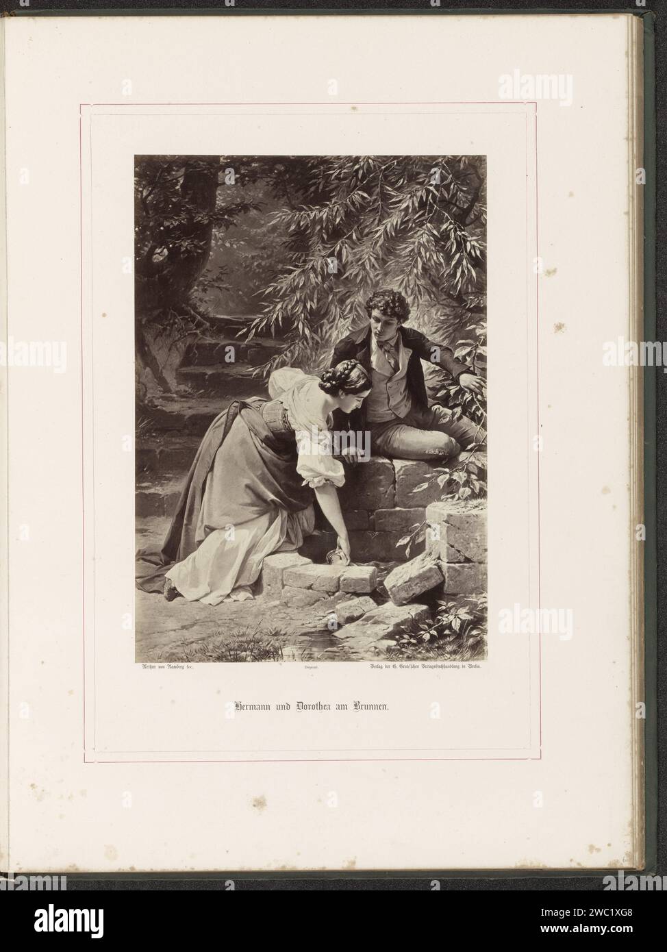 Fotoproduktion eines Gemäldes von A.G. von Ramberg, Darstellung von Dorothea und Hermann an einer Quelle, Franz Hanfstaengl, nach Arthur Georg von Ramberg, 1871 - 1872 Fotografie Teil des Albums mit Fotoproduktionen von Gemälden von A. G. von Ramberg zu dem Werk 'Hermann und Dorothea' von J. W. von Goethe. Berliner Fotoalbumendruck Jugendlicher, junge Frau, Jungfrau. Jugend, Jugendliche. Ein paar Liebhaber Stockfoto