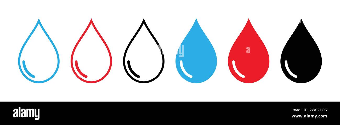 Set aus einfachen Symbolen für Wasser, Blut und Öl. Blaue, rote und schwarze Tropfensymbole umrandet und ausgefüllt auf weißem Hintergrund – Vektorillustration Stock Vektor
