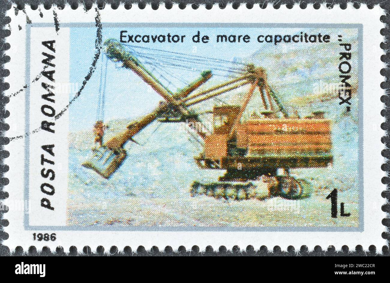 Gestempelte Briefmarke, gedruckt von Rumänien, auf der Promex zu sehen ist, um 1986. Stockfoto