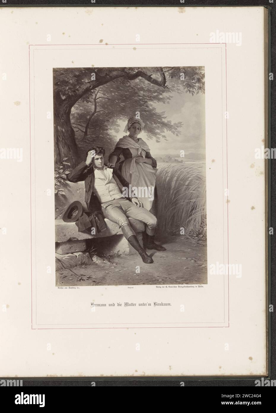 Fotoproduktion eines Gemäldes von A. G. von Ramberg, Vertreter Hermann und seiner Mutter unter einem Birnenbaum, Franz Hanfstaengl, nach Arthur Georg von Ramberg, 1871 - 1872 Fotografie Teil des Albums mit Fotoproduktionen von Gemälden von A. G. von Ramberg zu dem Werk 'Hermann und Dorothea' von J. W. von Goethe. Berliner fotografischer Trägeralbumendruck Jugend, Jugendliche. Erwachsene Frau. Mutter und Sohn(e) (Familiengruppe) Stockfoto