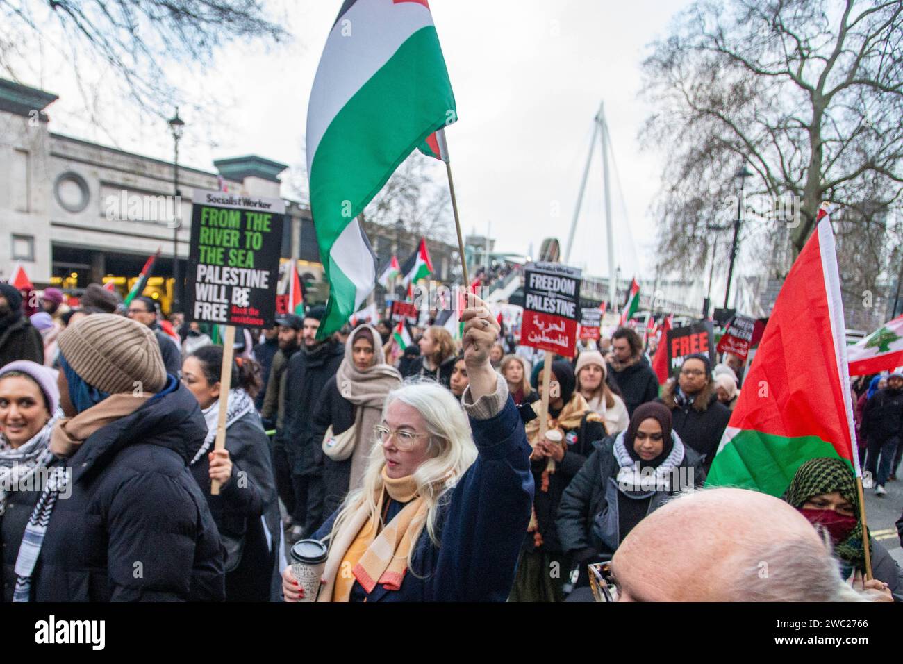 London, Großbritannien. Januar 2024. Pro-palästinensische Demonstration, bei der die israelische Regierung und die Staats- und Regierungschefs der Welt kritisiert und zu Waffenstillstandskundgebungen auf dem Parlamentsplatz aufgerufen werden, wobei der Rückstand über die Röhre der Embankment hinausgeht. Manolo der Pommeraner trägt seine palästinensischen Farben mit Stolz. Quelle: Peter Hogan/Alamy Live News Stockfoto