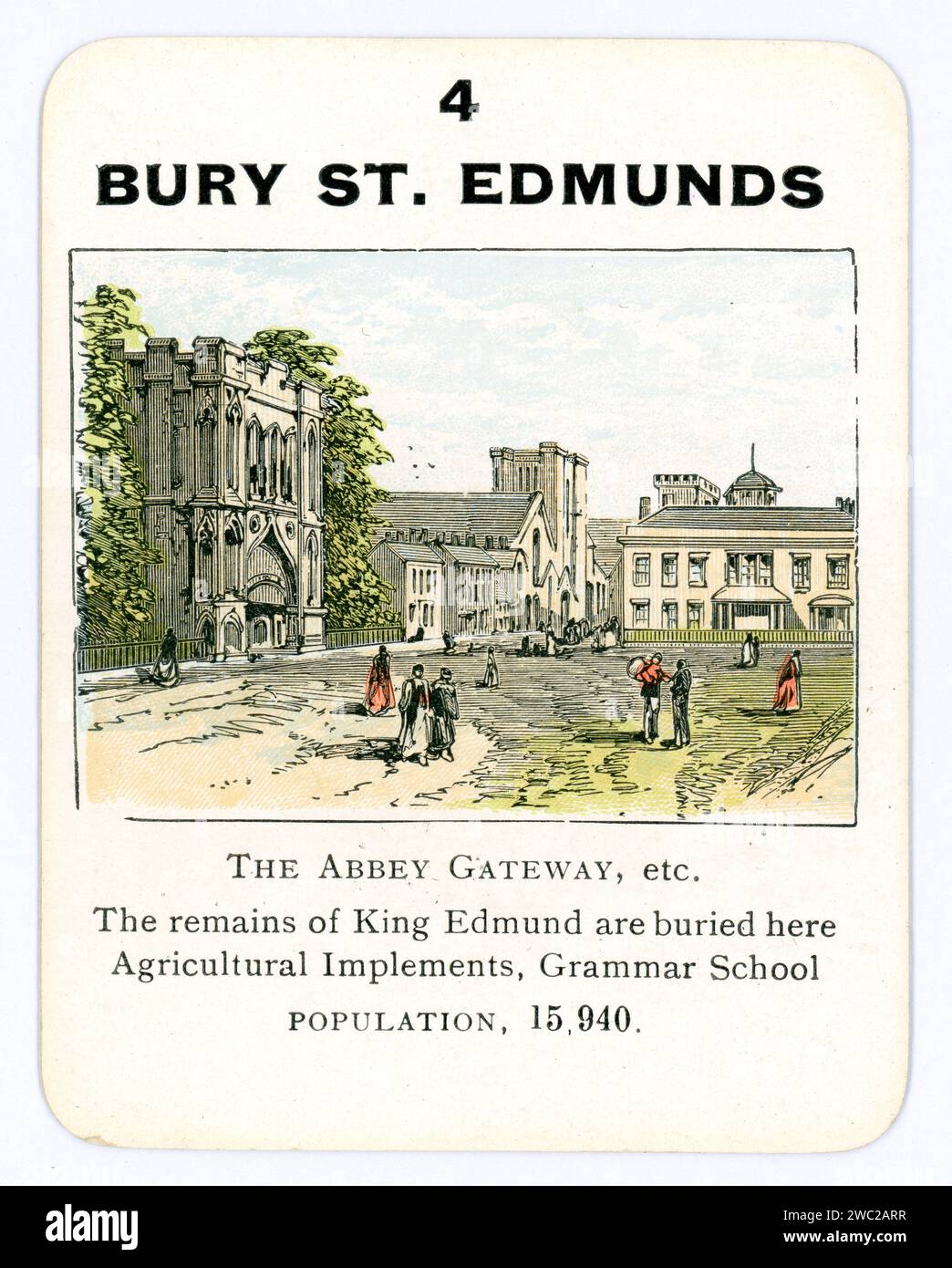 Spielkarte Anfang der 1900er Jahre, farbige Illustration von Bury St. Edmunds Town, Suffolk, England, Großbritannien um 1910er / 1920er Jahre. Stockfoto