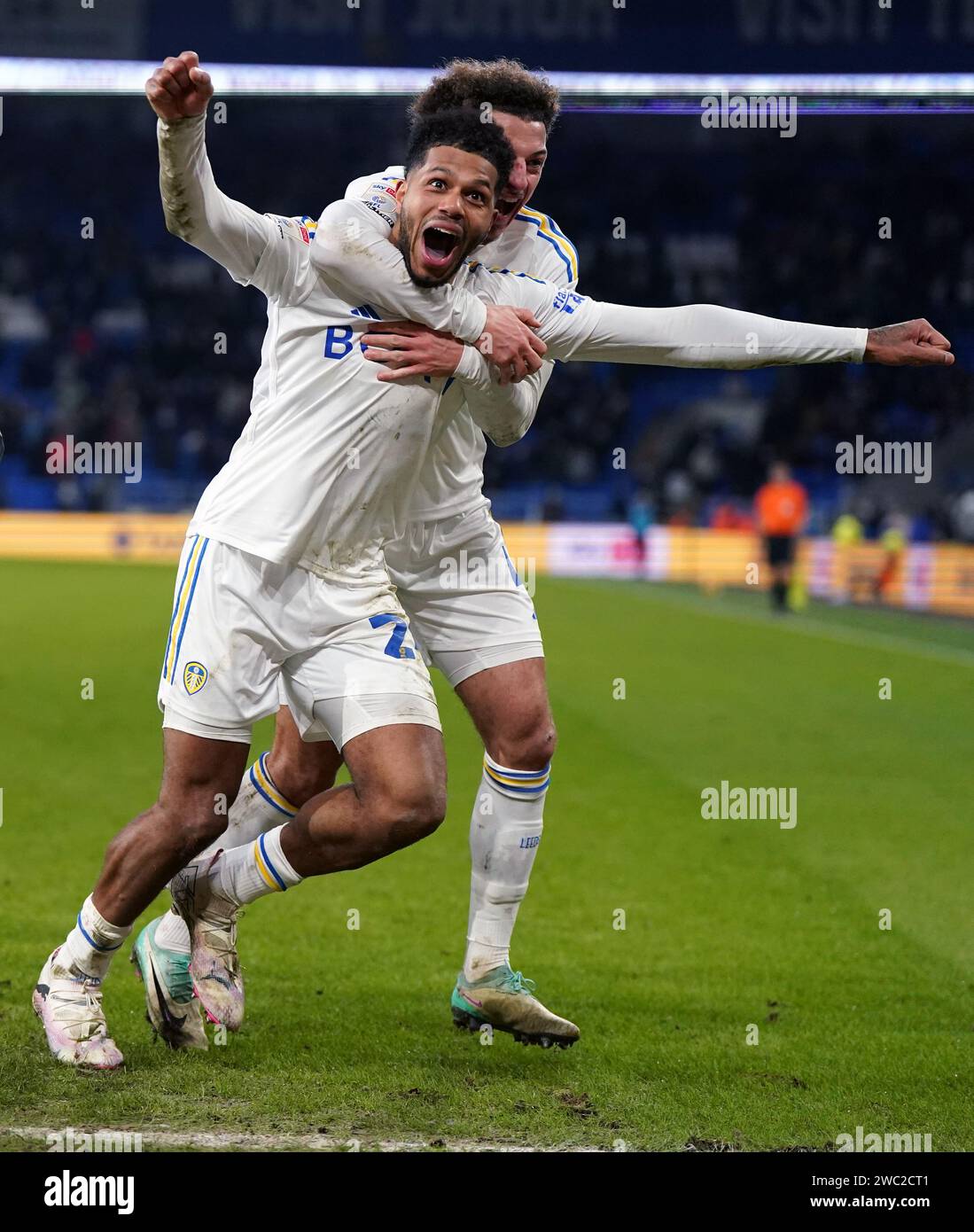 Georginio Rutter von Leeds United feiert das dritte Tor seiner Mannschaft während des Spiels der Sky Bet Championship im Cardiff City Stadium, Wales. Bilddatum: Samstag, 13. Januar 2024. Stockfoto