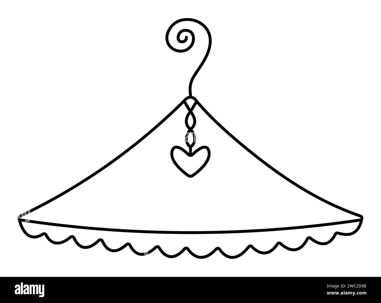Einzelnes niedliches Garderobenschild, kreatives Symbol für schwarzen Kleiderbügel mit Herz, Piktogramm für Kleiderständer mit Spirale und Welligkeit. Editierbare St Stock Vektor