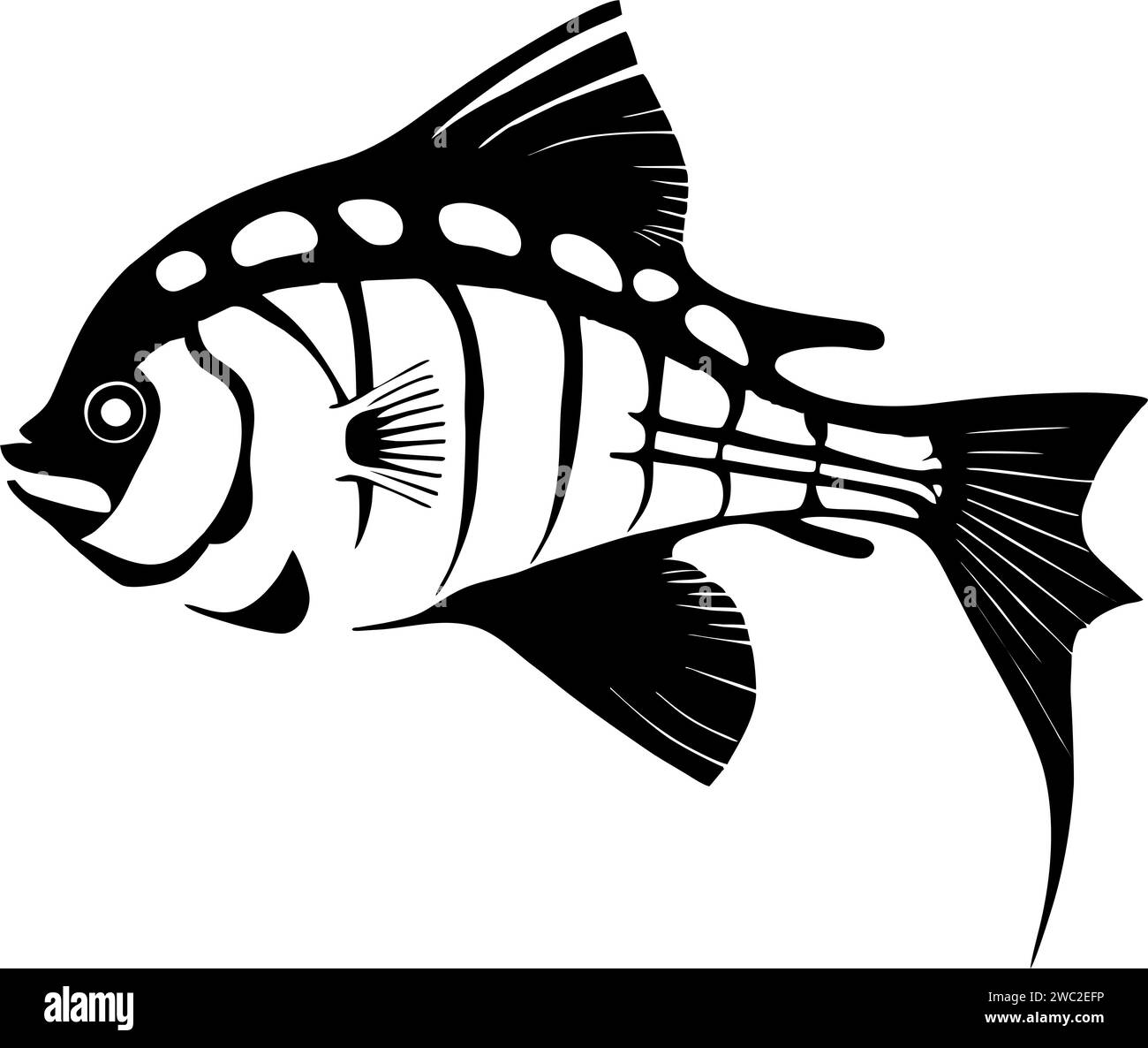 Schwarze Grafik, die stilisierte Fische auf weißem Hintergrund zeichnet, Logo, Design Stockfoto