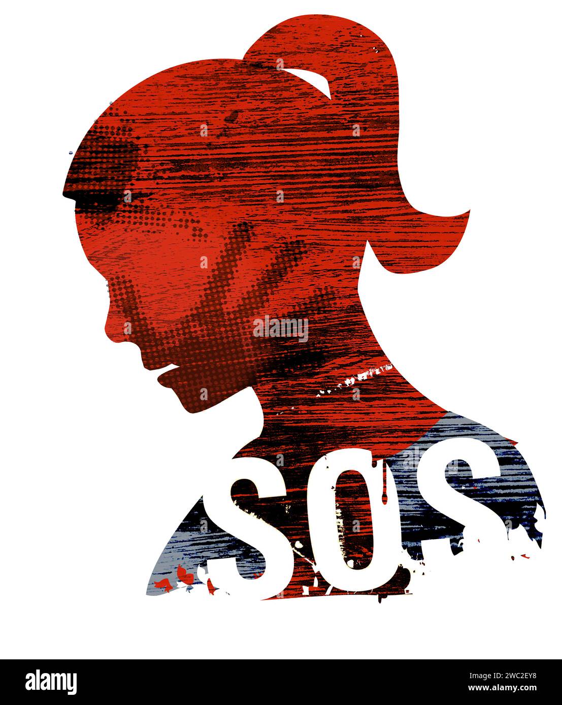 SOS-Gewalt gegen Frau. Junge Frau Kopf Grunge Silhouette mit Handdruck auf dem Gesicht und Schild SOS. Stockfoto
