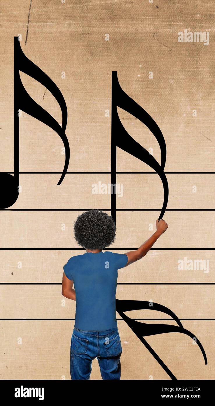 Ein afroamerikanischer Mann mit einer großen runden Afro-Frisur legt in einer 3D-Illustration musikalische Notizen an eine Wand, die zeigen, wie er einen Kopf zum Schreiben von Musik hat. Stockfoto