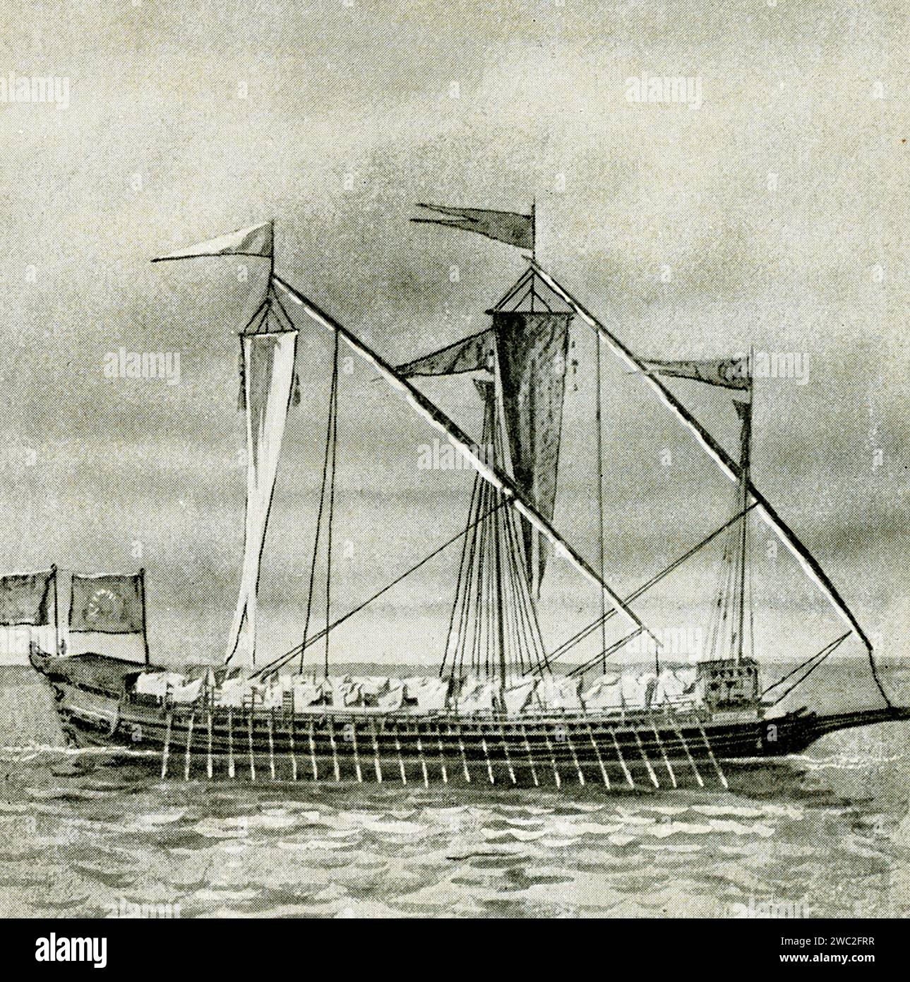 Venezianische Galeere unter Segel aus dem 15. Jahrhundert. Eine Galeere war ein flaches Schiff mit einem oder mehreren Segeln und bis zu drei Ruderbänken, hauptsächlich für Kriegsführung, Handel und Piraterie. Stockfoto