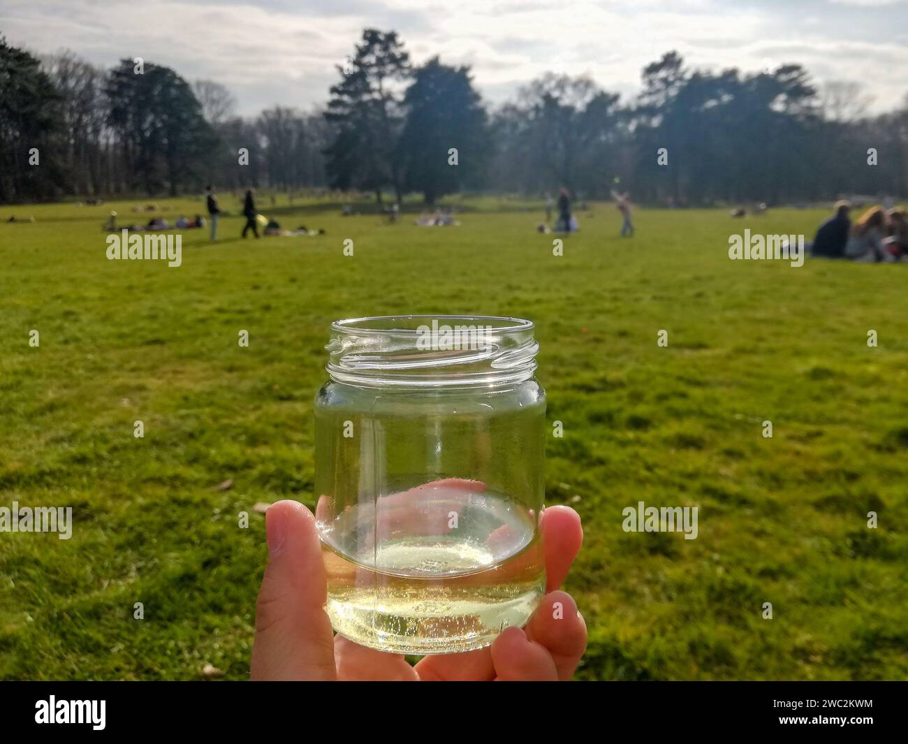 Junge Leute, die den sonnigen Frühlingstag mit einer Tasse Wein genießen Stockfoto
