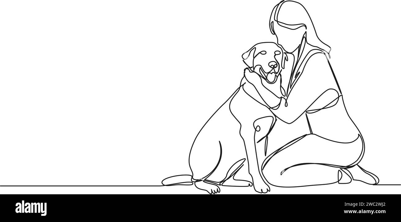 Ununterbrochene Einzelzeilenzeichnung der Frau, die auf dem Boden kniet und ihren Hund umarmt, Linie Kunst Vektor Illustration Stock Vektor