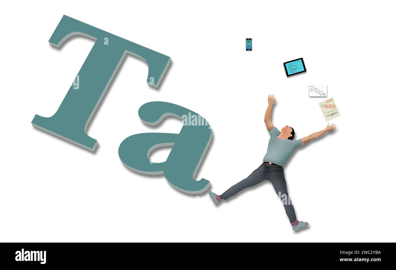 Ein aus Stress ohnmächtiger Mann bildet den Buchstaben X im Wort Steuer in einer 3D-Illustration über die Berechnung und Zahlung der Einkommensteuer. Stockfoto