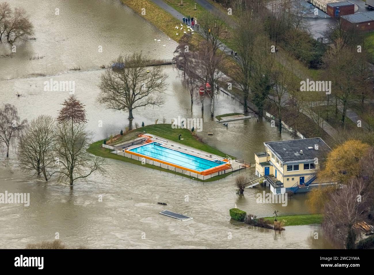 Luftbild, Ruhrhochwasser, Weihnachtshochwasser 2023, Fluss Ruhr tritt