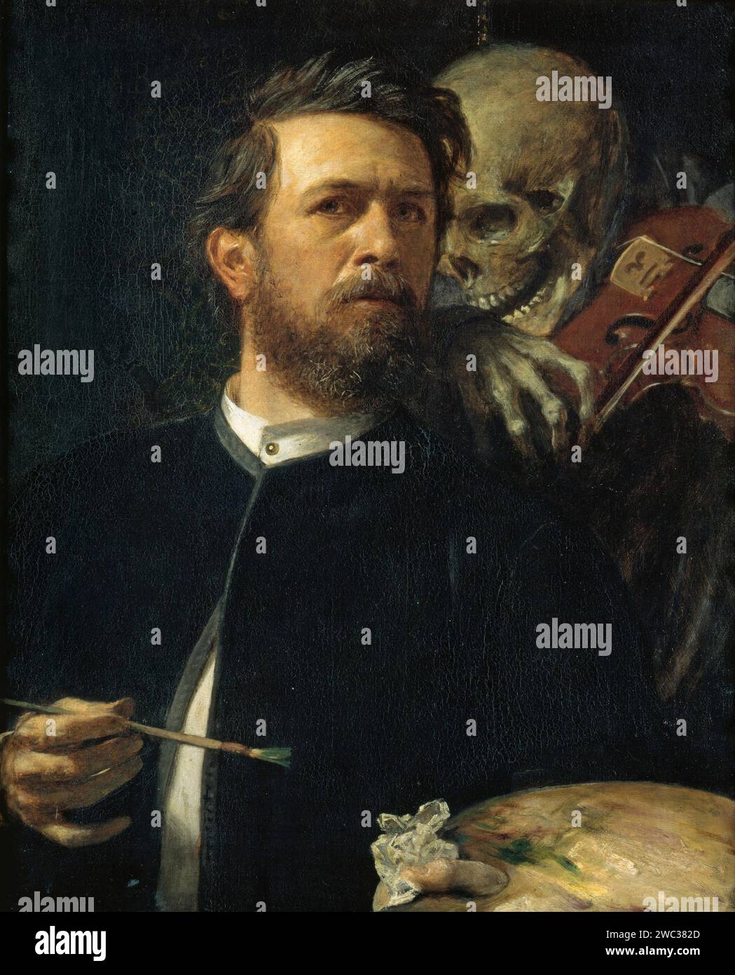 Titel: Selbstporträt mit dem Tod spielt die Fiddle, 1872 Künstler: Arnold Böcklin Medium: Öl auf Leinwand Abmessungen: 61 x 75 cm Ort: Nationalgalerie, staatliche Museen zu Berlin Beschreibung: 'Selbstporträt mit dem Tod spielt die Fiddle', gemalt 1872 von Arnold Böcklin, ist ein fesselndes Öl-auf-Leinwand-Kunstwerk. In diesem Selbstporträt greift Böcklin gekonnt das Thema des Geigen-Todes auf und erforscht die symbolischen und allegorischen Elemente, die für sein Werk charakteristisch waren. Das Gemälde in der Nationalgalerie der Staatlichen Museen zu Berlin spiegelt Böcklins Faszination wider Stockfoto