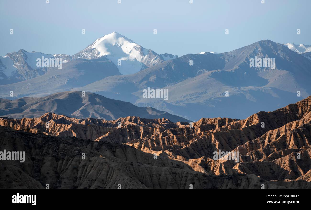 Canyons, Berge des Tian Shan im Hintergrund, erodierte Hügel, Badlands, Tal der vergessenen Flüsse, in der Nähe von Bokonbayevo, Yssykkoel, Kirgisistan Stockfoto