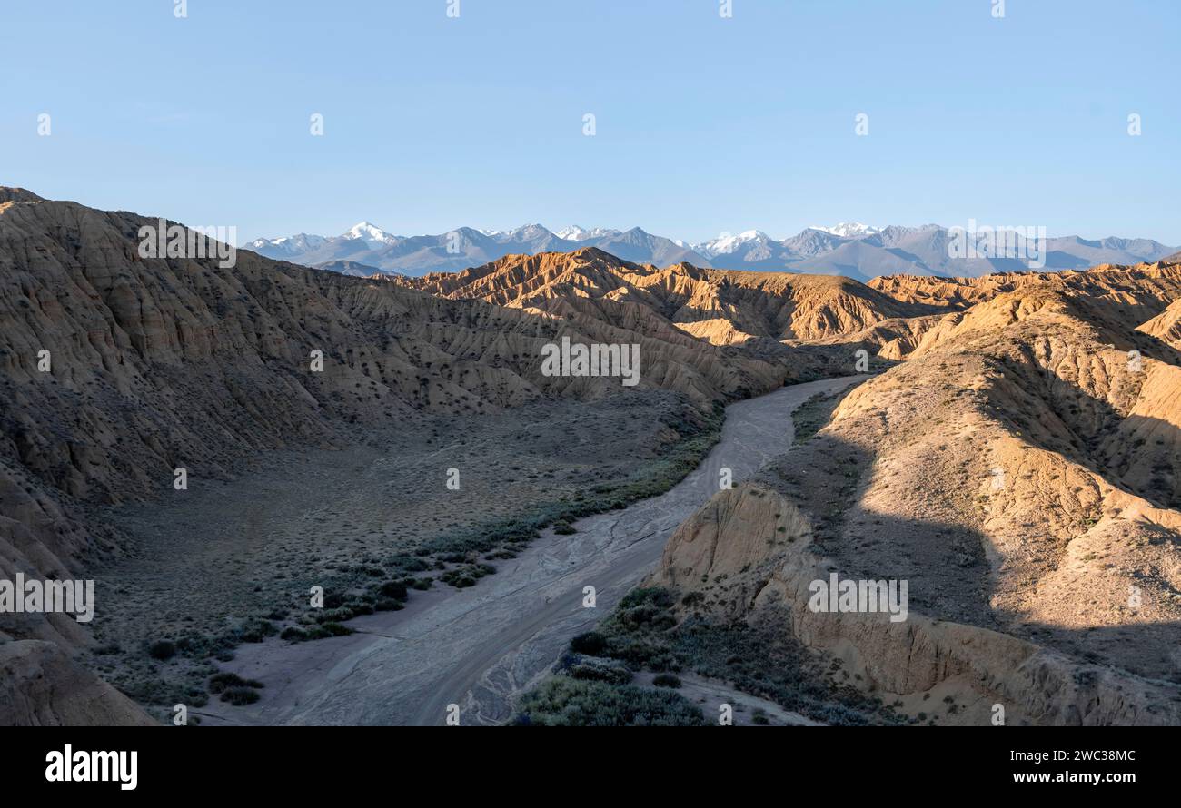 Trockenes Flussbett, Canyon, Tian Shan Berge im Hintergrund, erodierte hügelige Landschaft, Badlands, Tal der vergessenen Flüsse, in der Nähe von Bokonbayevo Stockfoto